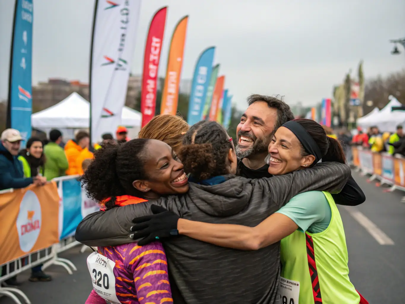 A team of athletes celebrating their achievement after completing an event, highlighting the camaraderie and shared success in endurance sports.