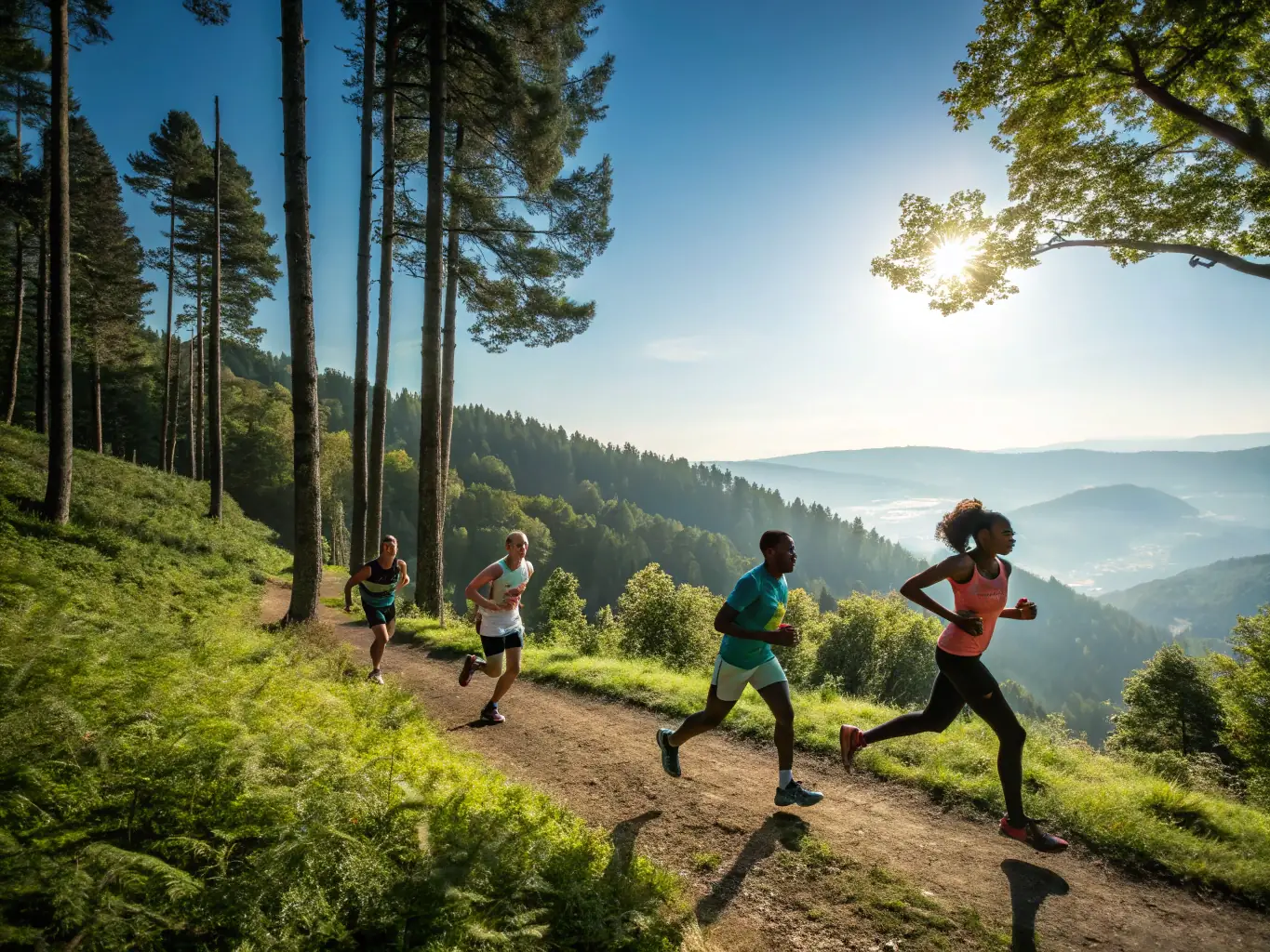 A group of diverse athletes running together on a scenic trail during a COUTILLAS ENDURANCE event, showcasing teamwork and camaraderie.