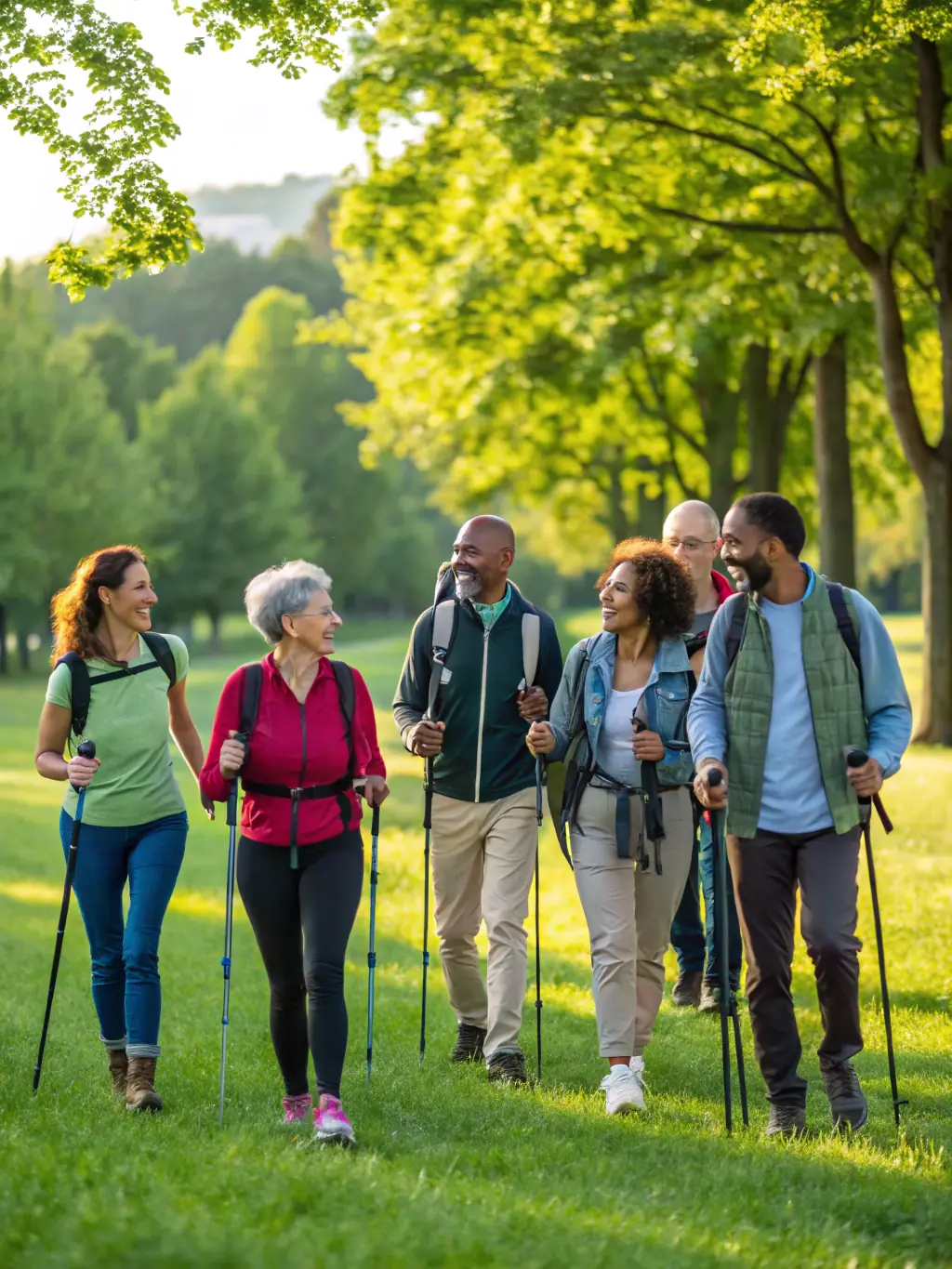 A photo of a group of people participating in a Nordic walking session, demonstrating the accessibility and health benefits of this activity, promoted by COUTILLAS ENDURANCE.