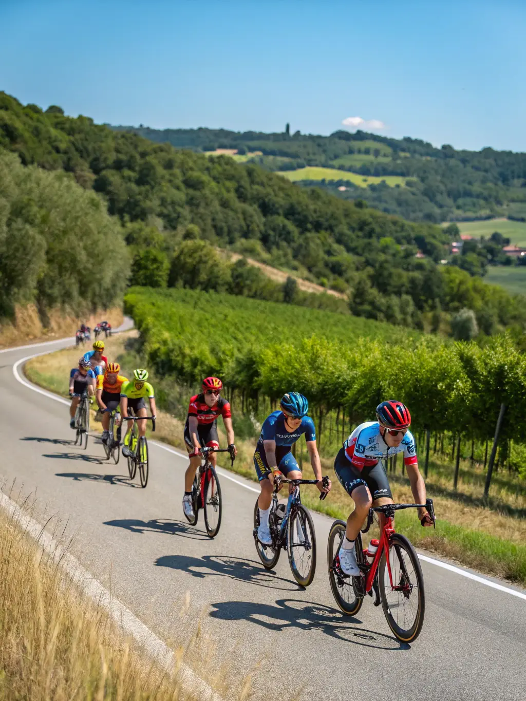 A high-resolution image depicting a group of cyclists riding through a scenic countryside, showcasing the endurance and teamwork involved in cycling events organized by COUTILLAS ENDURANCE.