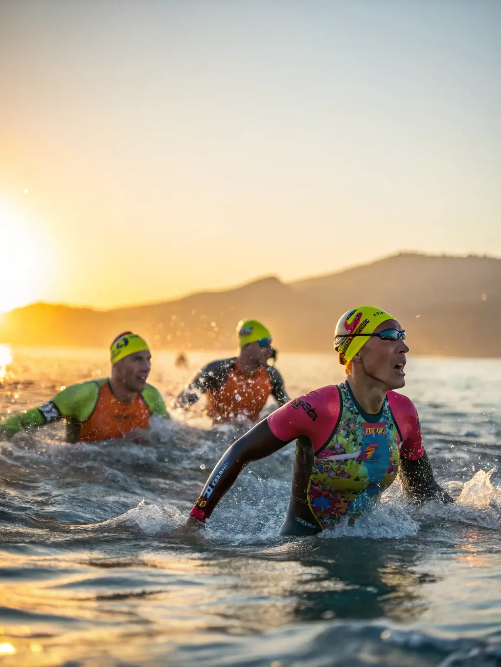 An image of participants engaged in a triathlon, showcasing the swimming, cycling, and running components, highlighting the comprehensive fitness approach of COUTILLAS ENDURANCE.