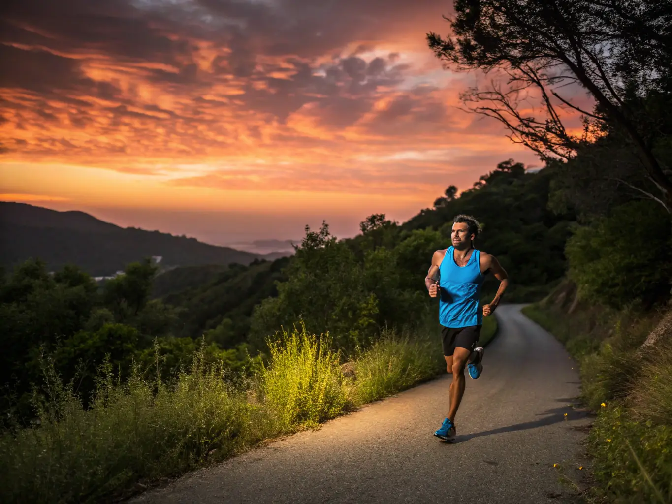 A person running on a trail, looking determined and focused, with a scenic natural landscape in the background, representing the physical and mental challenge of endurance sports.